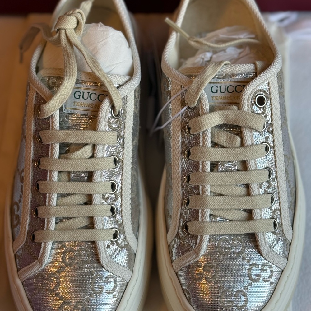 Gucci Tennis Treck GG Metallic Flatform Sneakers Sz 7 BNIB Made in Italy - Picture 2 of 6